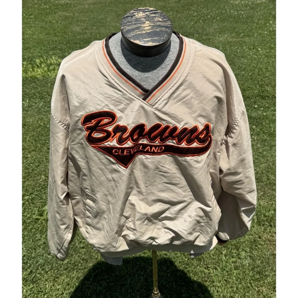 Vintage Cleveland Browns NFL Team XL Pullover Windbreaker Jacket Beige Y2K
